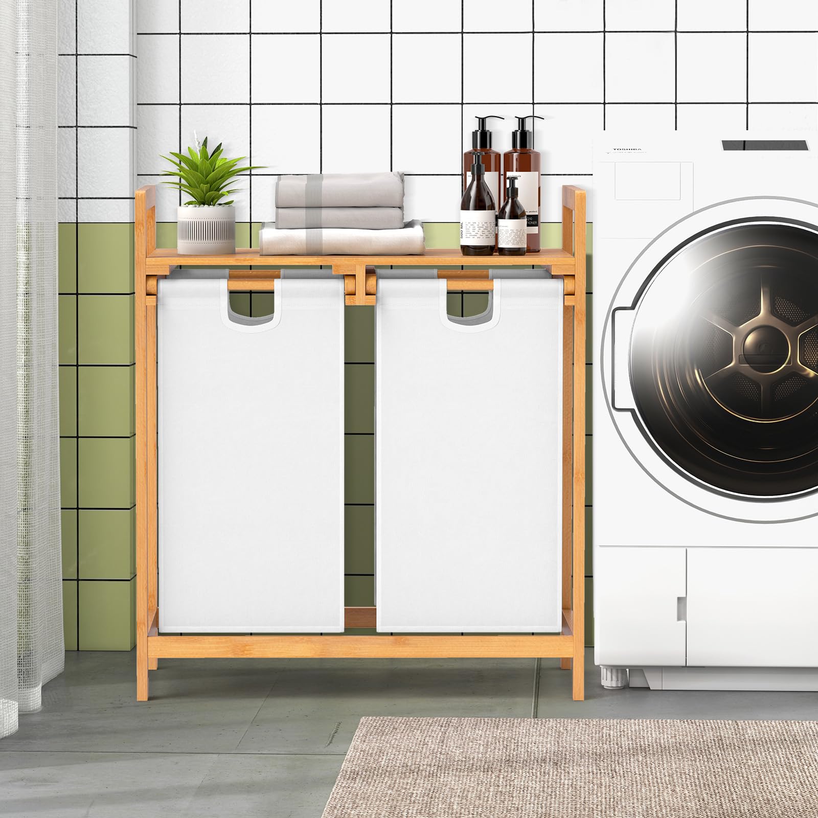 LIFEZEAL 70L Cesto Biancheria Sporca a 2 Scomparti, Mobile Portabiancheria in Bambù, Cesto Estraibile, con Sacco Rimovibile, Lavabile, Piano Portaoggetti, Lavanderia, Bagno, 63x33x73cm, bianco