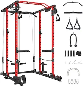 GaveeLife Power Cage, 2000 LBS Power Rack with Cable Cross-Over System, Multi-Functional Strength Training Squat Rack with LAT Pull Down System, Home Gym Equipment with Training Attachment, Red