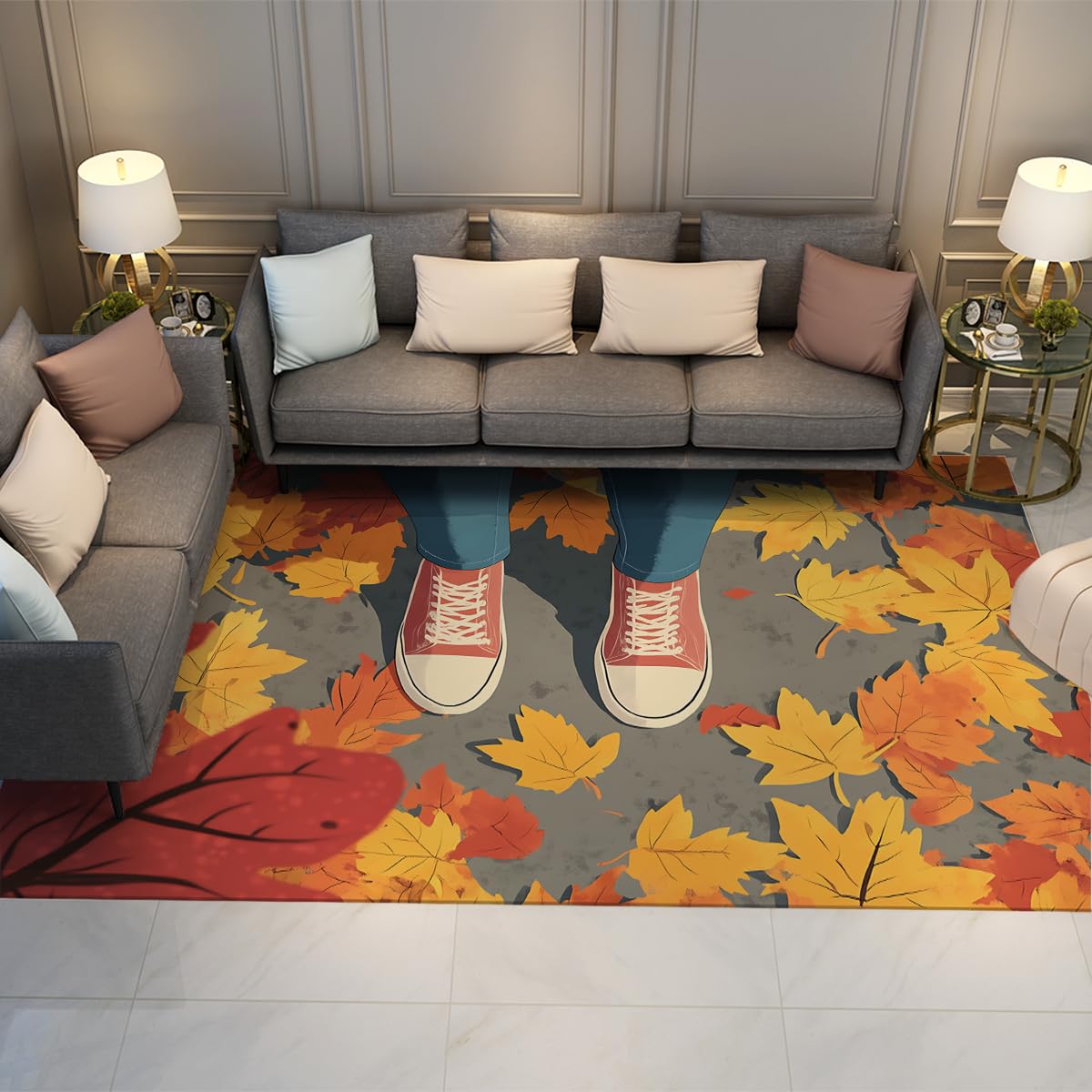 Tapis motif feuilles d'automne 120x180 grand tapis poils ras pliable chambre