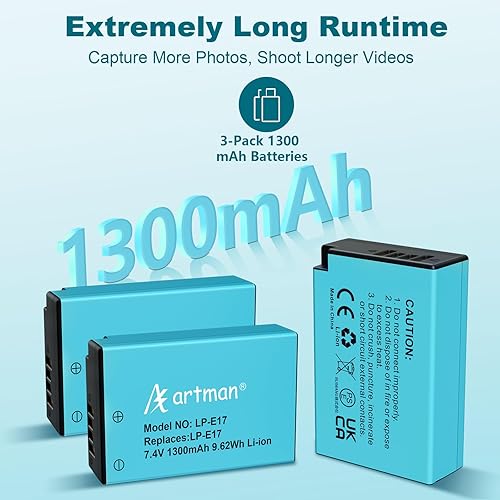 Miniatura 3 de Artman LP-E17 - Paquete de 3 baterías de 1300 mAh y cargador LCD de 3 ranuras para Canon EOS R50 R8 R10 RP R100, Rebel T8i T7i T6i T6s SL2 SL3, EOS