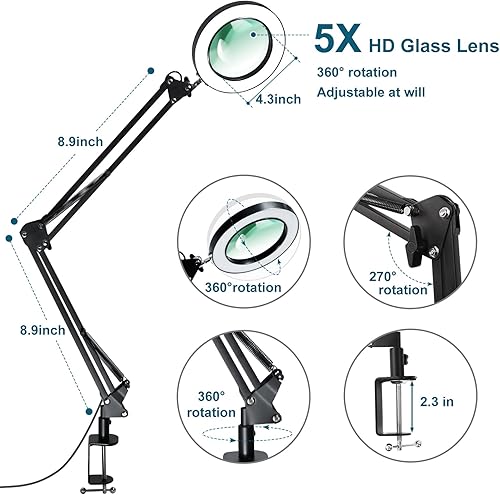 Vista 6 de Magnifying Glass with Light and Stand 12V/1A Adapter 5X LED Magnifying Lamp 3 Color Modes Stepless Dimmable 2-in-1 Desk Magnifier with Light, for