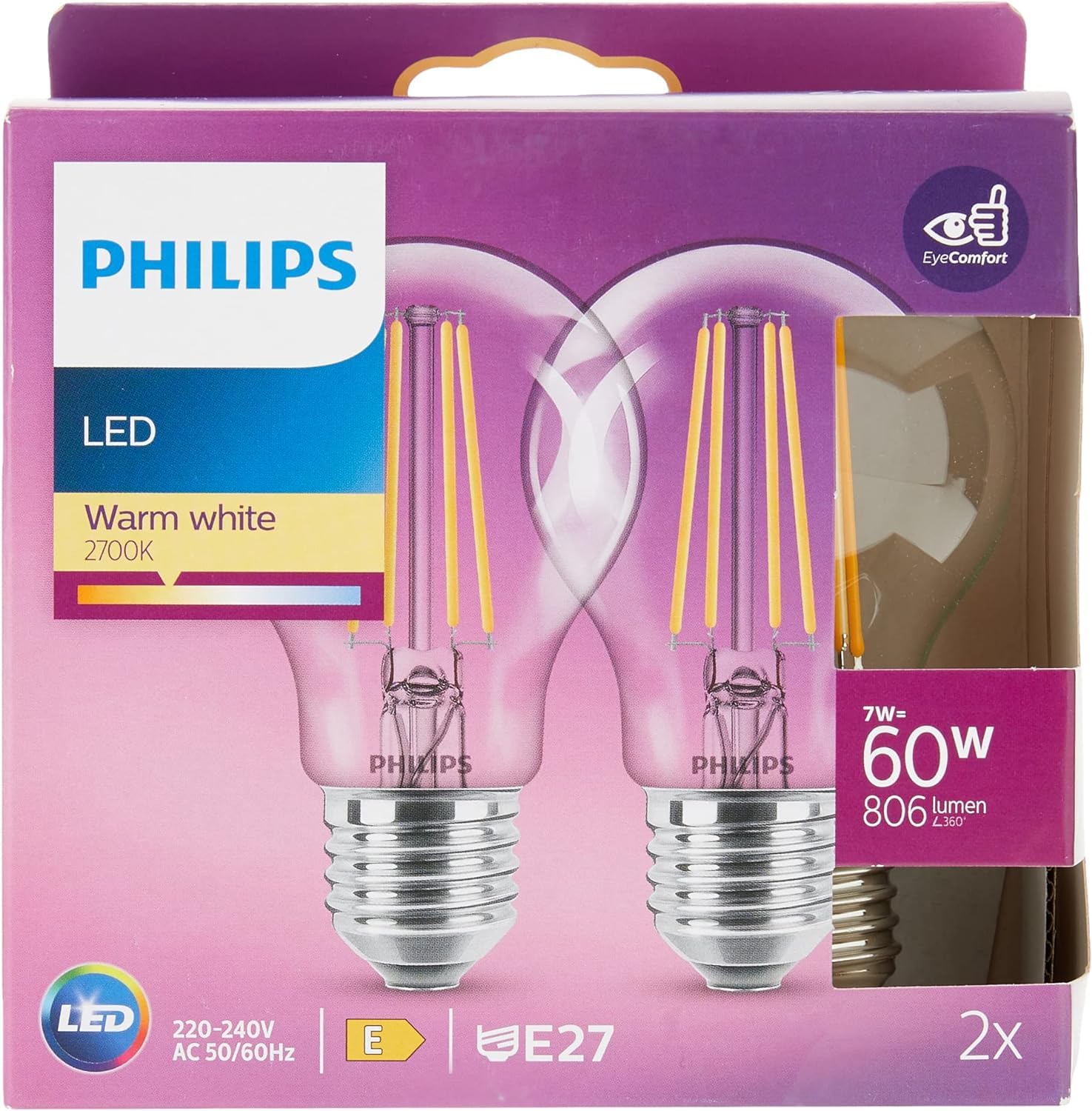 PHILIPS LED Premium Classic A60 Light Bulb 2 Pack [E27 Edison Screw] 7W - 60W Equivalent, Warm White (2700K), Non Dimmable