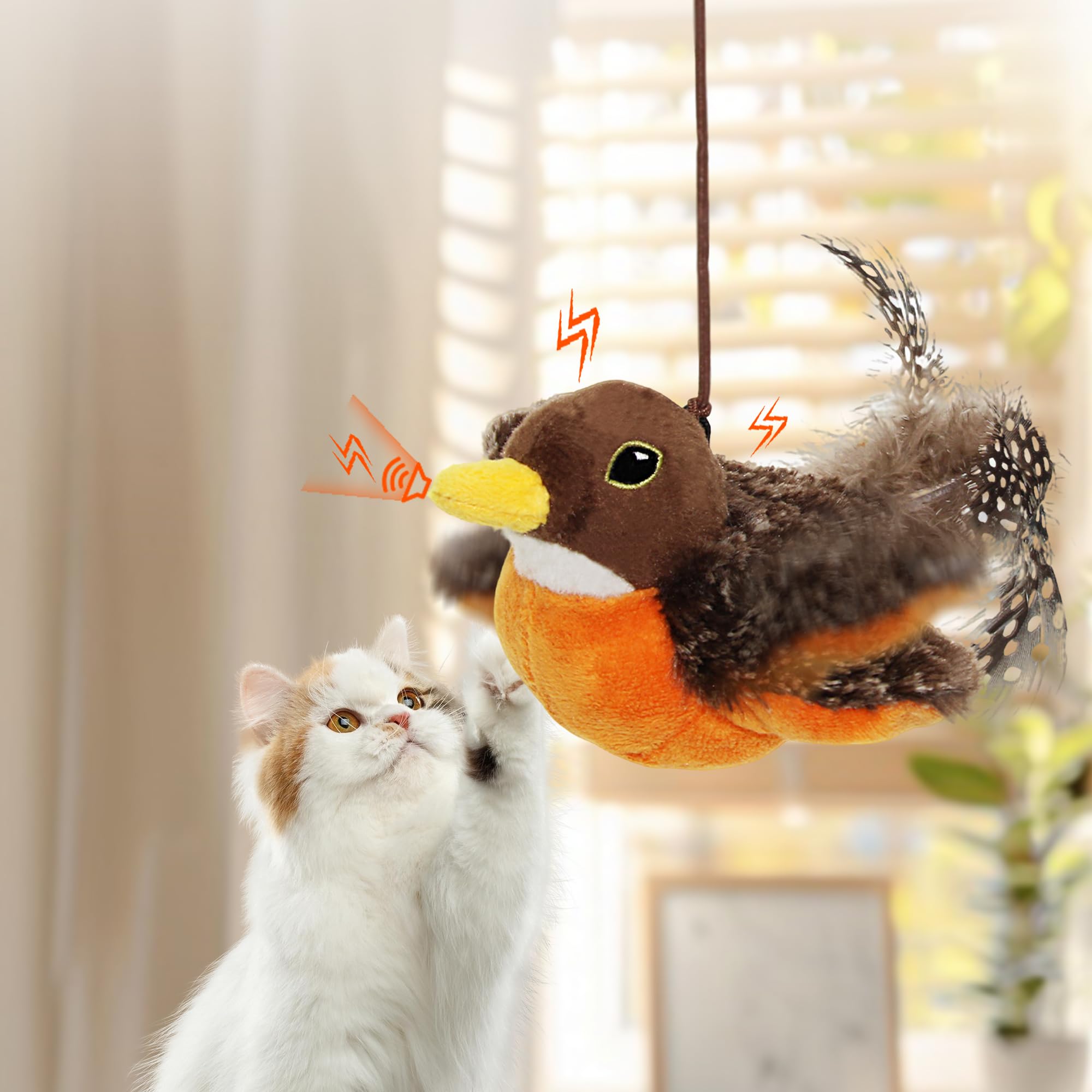 Vealind Flapping Bird Cat Toy USB Rechargeable Interactive Touch Activated Kitten Exercise Toys Hanging Door Simulated Chirping Flying Sparrow Cats Toys - Image 2