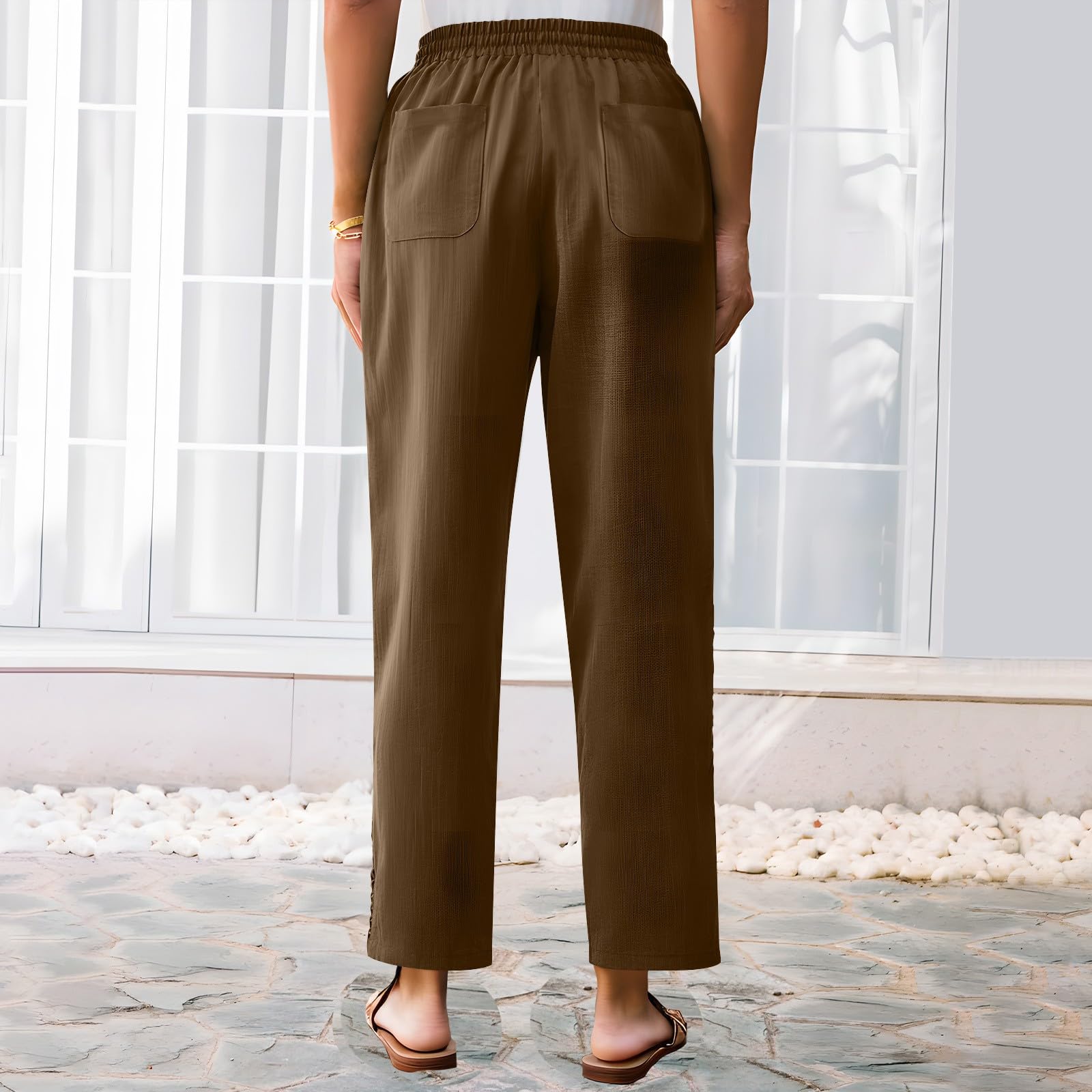 Womens Casual Pants Summer Lightweight Relax Fit Wide Leg Pant Elastic Waist Solid Lounge Beach Trousers with Pocket Brown