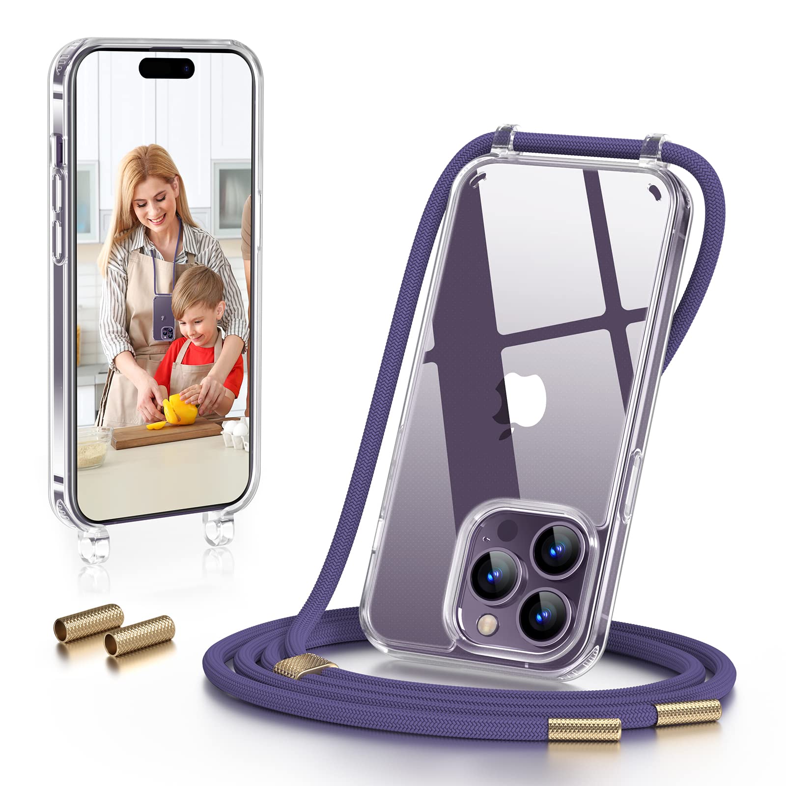 GOODVISH Cover Trasparente con Cordino per iPhone 14 Pro 6.1", Custodia con Regolabile Laccio Tracolla, [Antiurto] [AntiGraffio] [Antiscivolo] Case con Collana, Viola Scuro