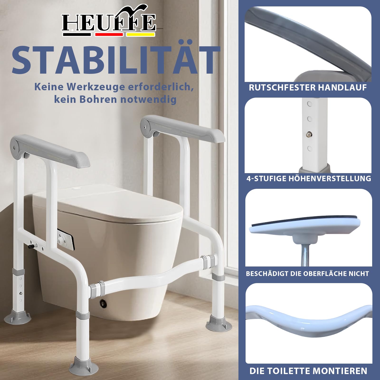 Supporto per WC Regolabile in Altezza – Telaio di Sicurezza Pieghevole con Braccioli per Anziani/disabili, Senza fori e Salvaspazio