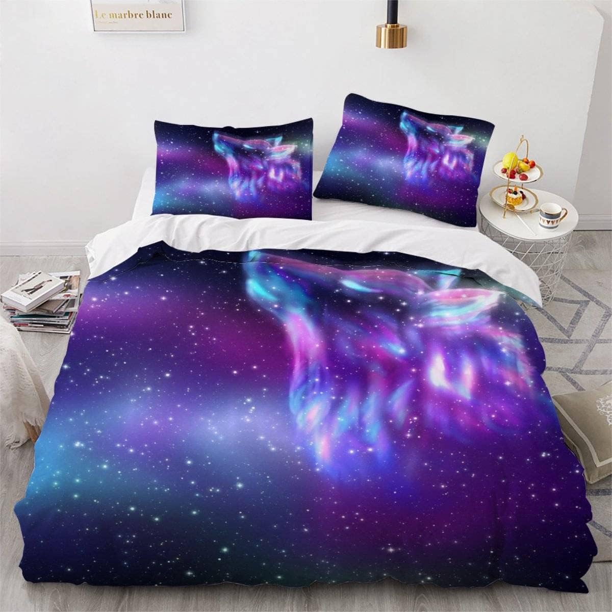 MEVASA King Bedding Set Wolf 3d Printed Girls Boys Adults Soft Microfiber Fluffy Breathable Kingsize Duvet Cover Set Art Wolf Blue Bedding King Size with 2 Pillow Cases /230x220