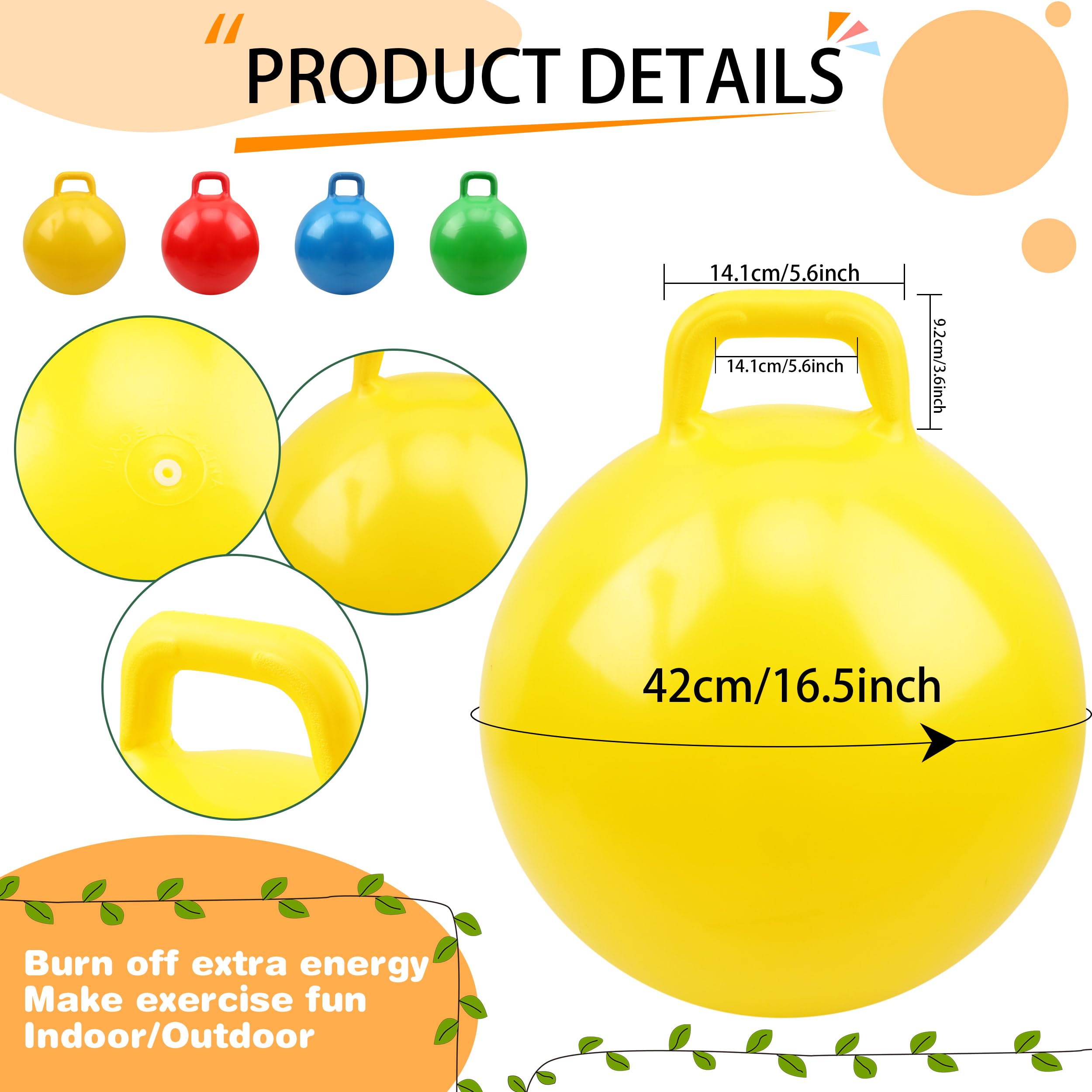 Sonarun 4 Pack 22 Inch Colorful Hopper Bouncy Ball Thickened Fitness Hopping Ball with Handle Bouncing Ball Hoppity Hop Jumping Ball Toy Set for Kids Indoor Outdoor Sports Games Favors - Image 2