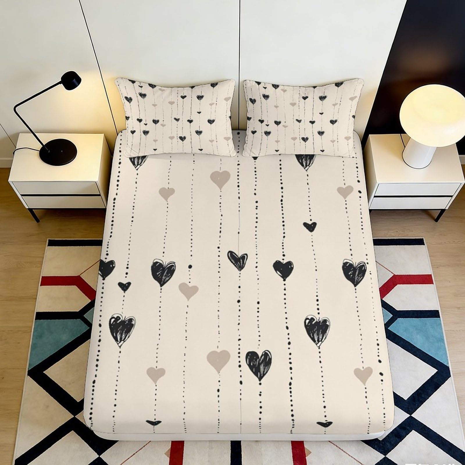 3D Printed Heart Pattern Fitted Sheet Microfiber Deep Pocket Elastic Hem Heart Mattress Fitted Cover for Bedroom Use 180x200x25cm