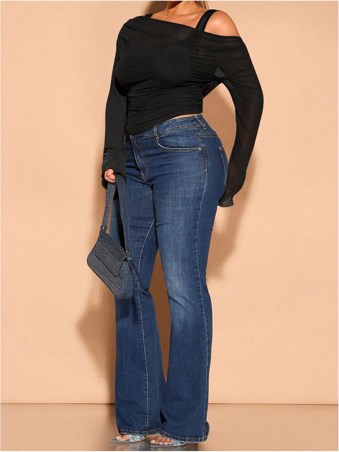 WDIRARA Women's Plus Size 2 in 1 Off Shoulder T Shirt Ruched Sheer Bell Long Sleeve Tee - Image 5