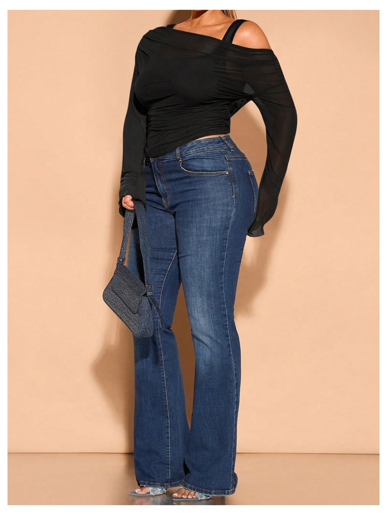 WDIRARA Women's Plus Size 2 in 1 Off Shoulder T Shirt Ruched Sheer Bell Long Sleeve Tee: XX-Large Plus Deep Blue