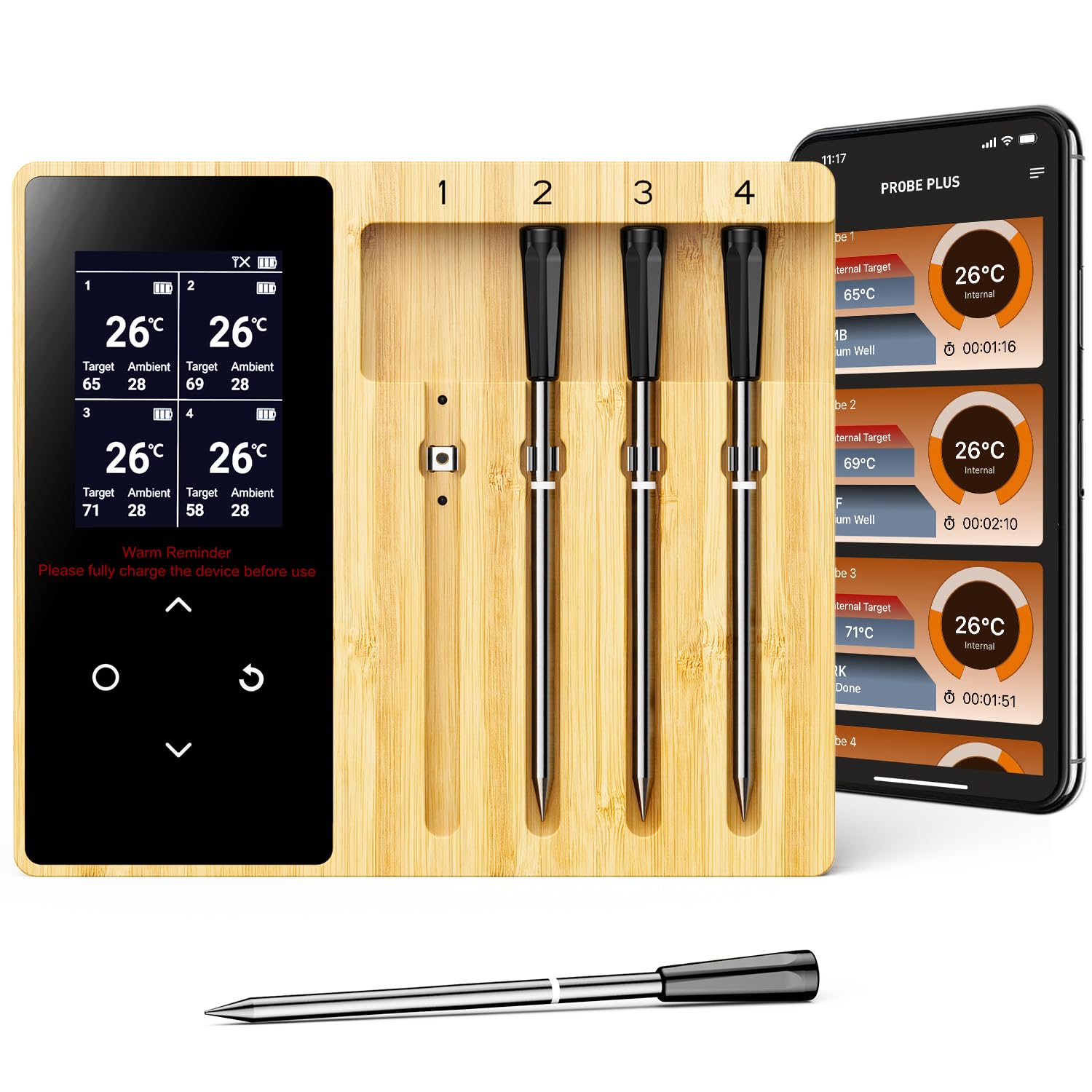 Thermomètre Cuisine Sans Fil - 4 Sondes, Grand Écran LCD, Portée de 130m, Thermomètre à viande Bluetooth avec APP, pour Barbecue, Four, Grill, Fumoir, Rôtisserie, Airfryer