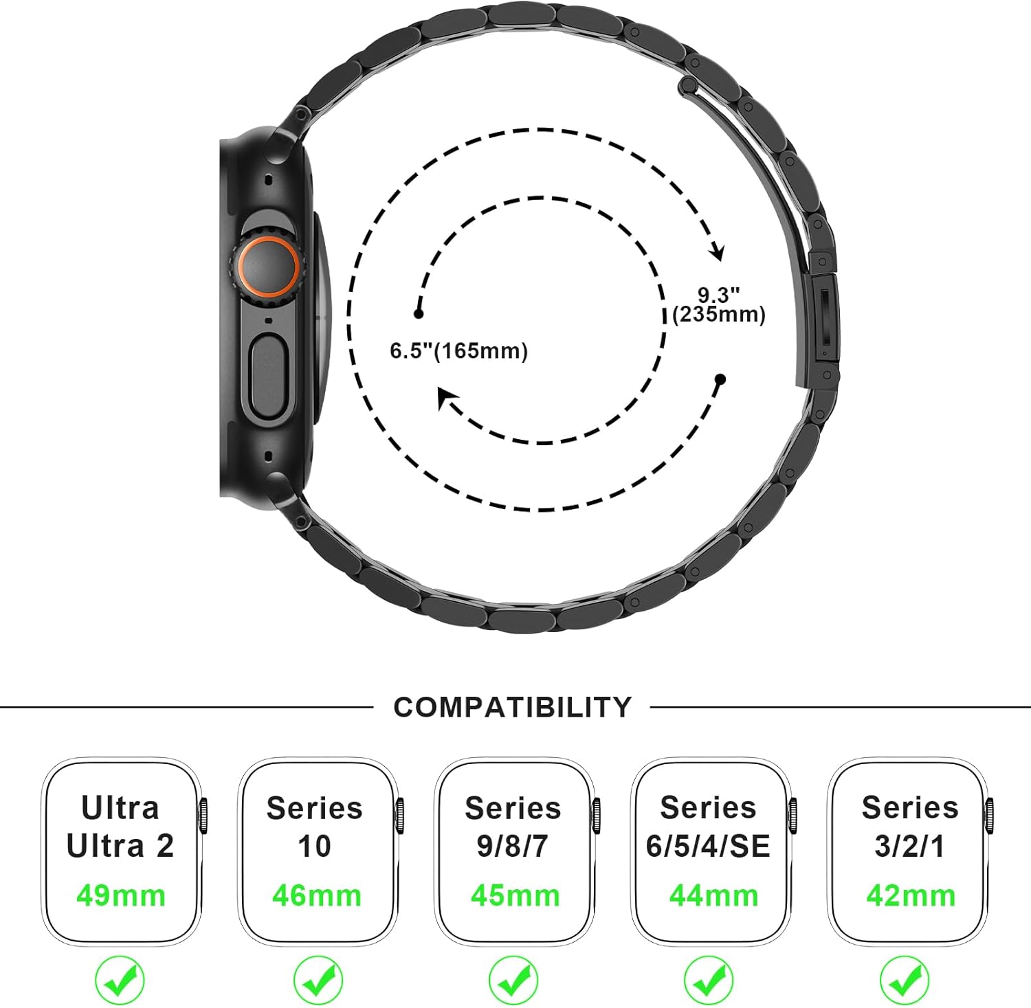 Anlinser Metal Bands Compatible with Apple Watch Band 49mm 46mm 45mm 44mm 42mm Women Men, Five-link Stainless Steel Strap for iWatch Ultra 3/2/1 SE Series 11 10 9 8 7 6-1 (Black) - Image 7