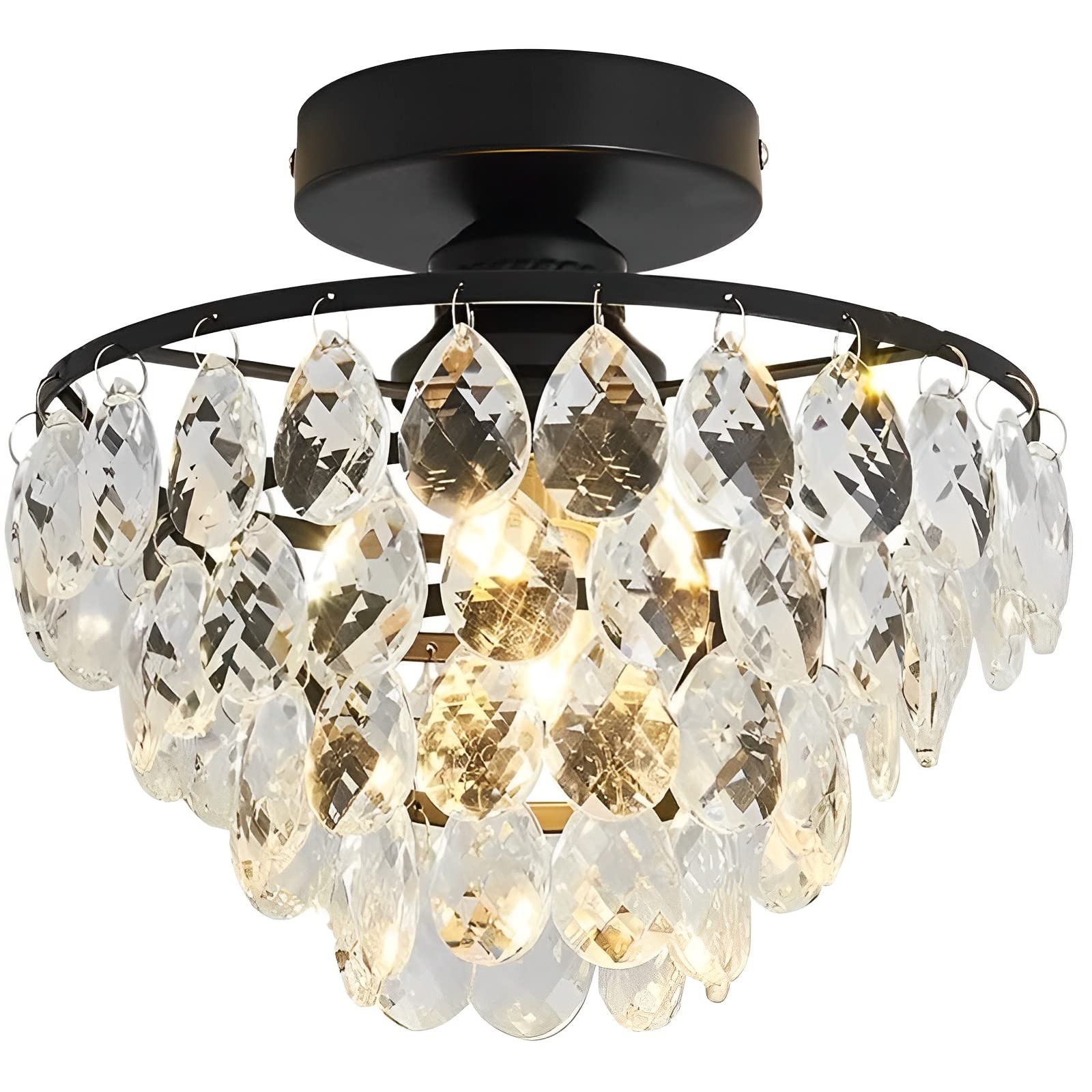 MESOVFCA Crystal Chandelier Small Modern Chandelier, Modern Ceiling Light Flush Mount Crystal Chandelier Kitchen Light Fixtures Ceiling Crystal Light for Hallway Bedroom Hall Living Room,Black