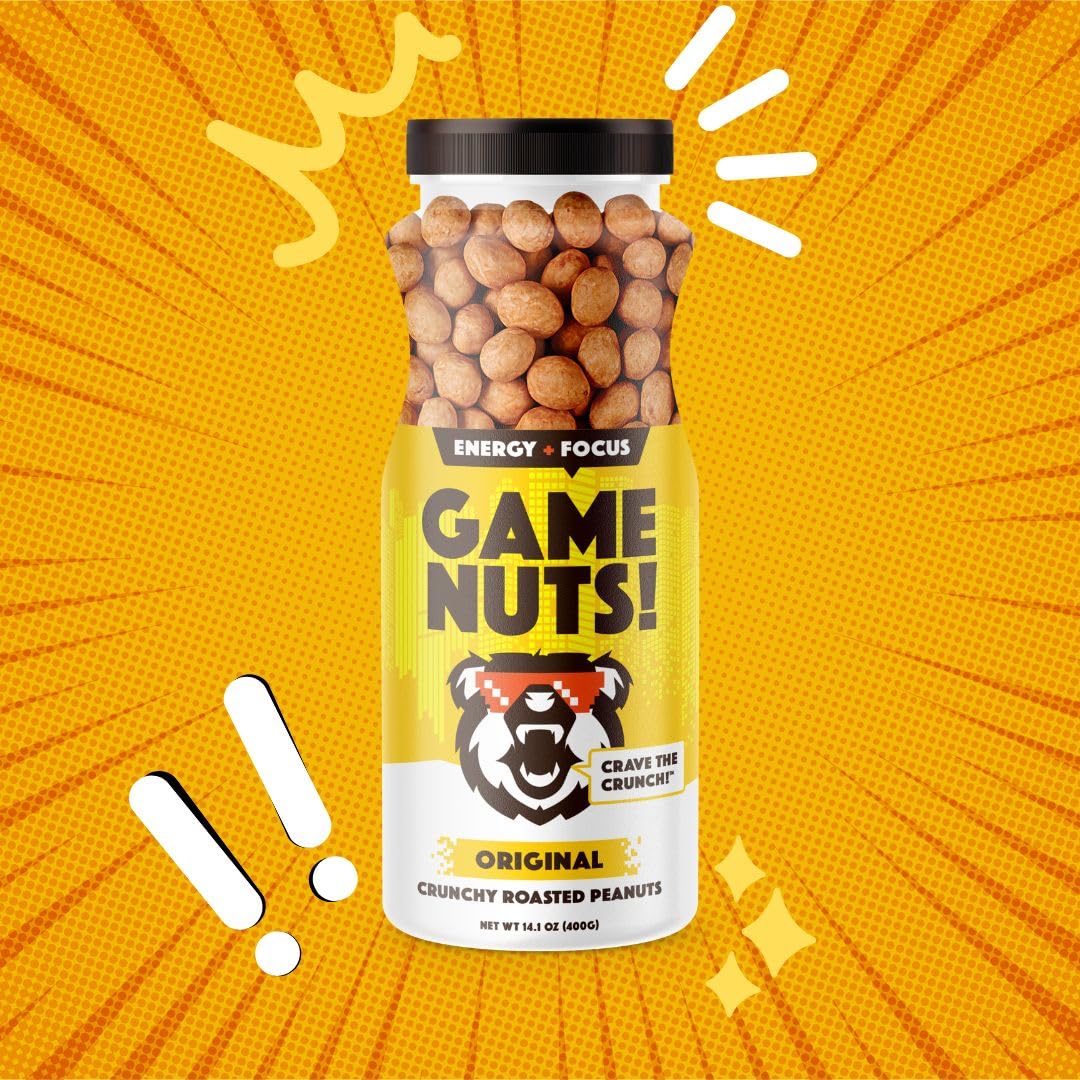 GAME NUTS Original Crunchy Roasted Peanuts, Baked Not Fried, Vegan Snack, Protein-Packed Energy Boost, Guilt-Free Crunch, 14.1oz Jar (6-Pack)
