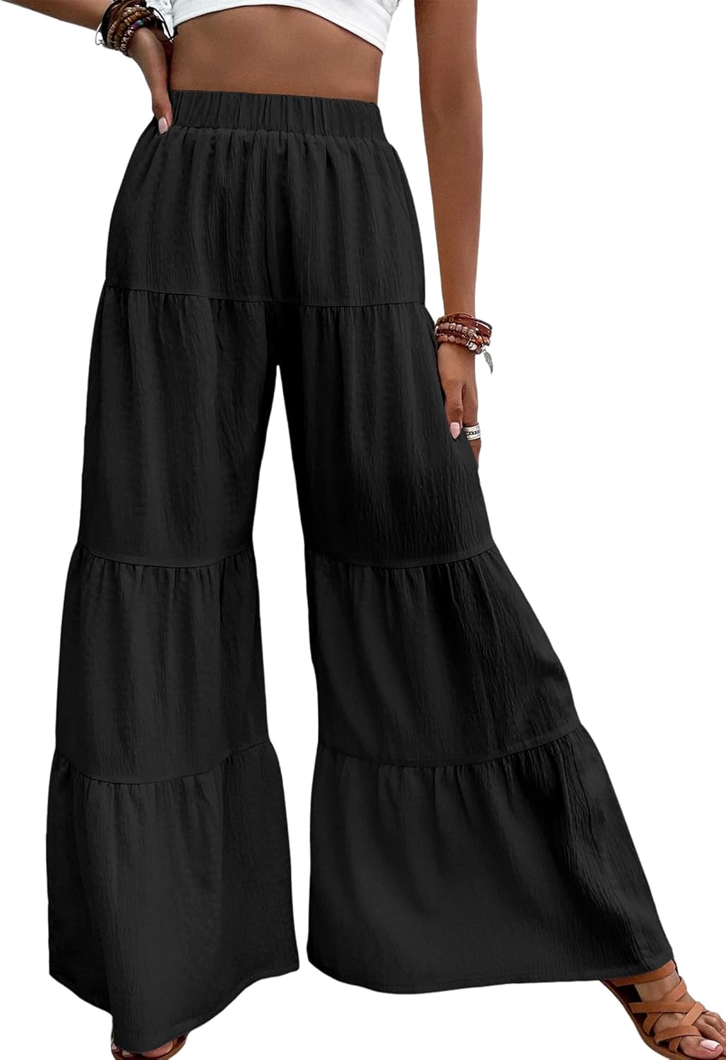 ZAFUL Women Palazzo Pants Ruffle Wide Leg High Waist Flowy Casual Textured Lounge Pant Trousers with Pockets
