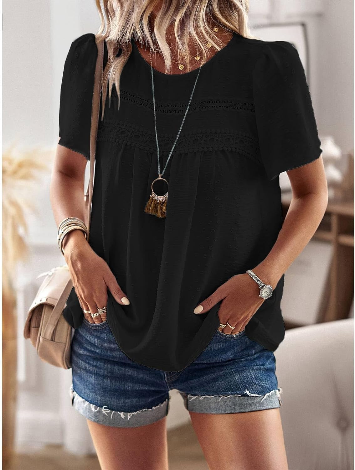 YNIQUE Womens Summer Tops Crewneck Short Sleeve T Shirts Casual Chiffon Blouses Flowy Lace Hem Trendy 2025 - Image 4