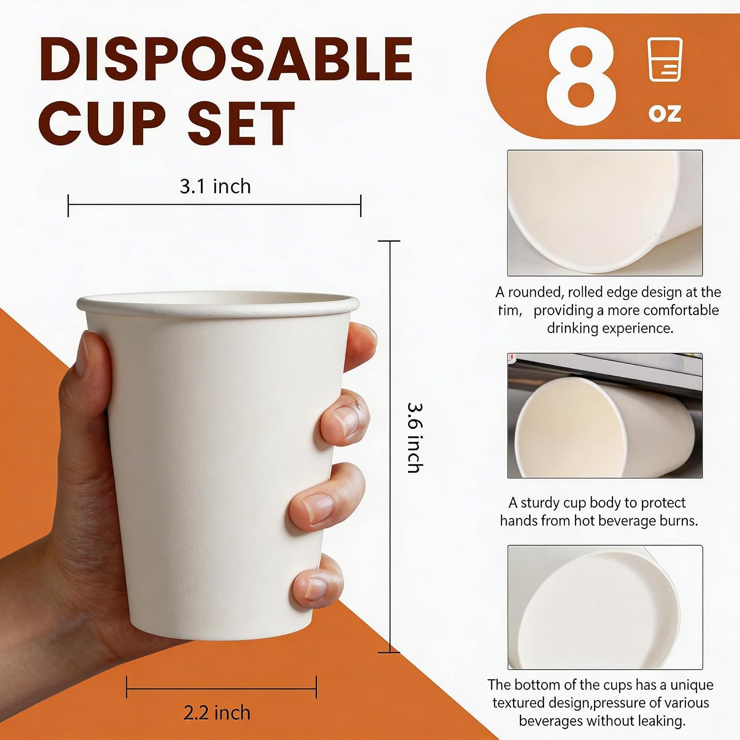  Disposable Paper Coffee Cups 8 oz 100 Count, Leak-Proof White Hot/Cold Paper Cups for Coffee, Tea, Water, Ideal for Kids, Office, Party, School, Home thumbnail