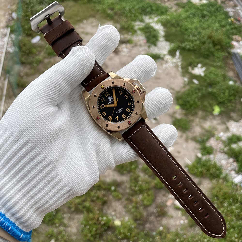 Steeldive SD1945S Automatische mechanische Taucheruhr NH35 CUSN8 Bronze-Gehäuse 200 m wasserdichte Armbanduhr, Lederarmband, Taucher, mechanisch