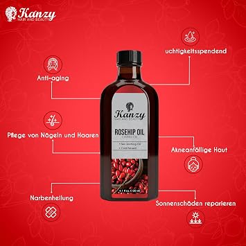 Kanzy Rose Hip Oil Organic Cold Pressed 100% Pure Rosehip Oil Wild Rose Oil for Skin Hair Nails Facial Oil Body Oil Vegan Hexane Free Rose Hip Seed Oil Anti-Ageing Anti-Wrinkle Natural 120 ml