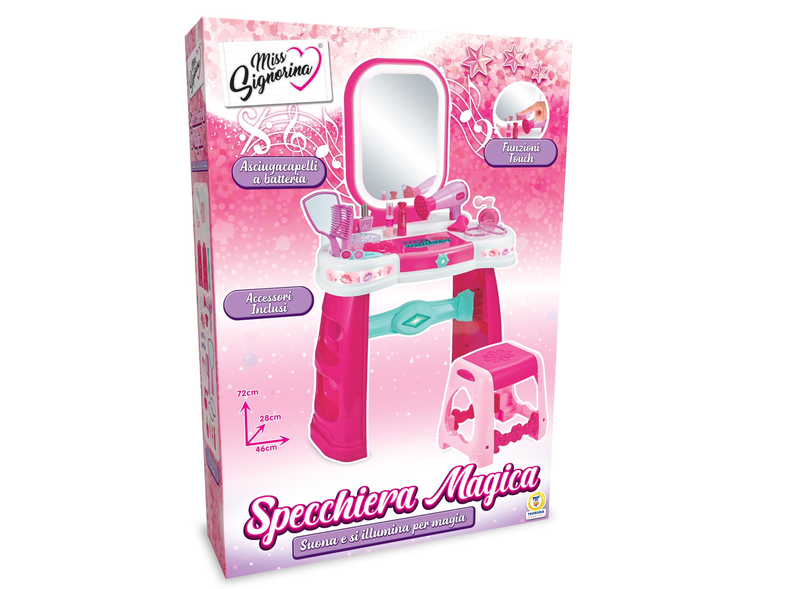 Teorema Giocattoli, Specchiera Magica Bambina con Sgabello, Postazione Trucco con Luci LED e Suoni Touch, Tavolo Trucco Interattivo, Asciugacapelli Funzionante a Batteria e Portagioie