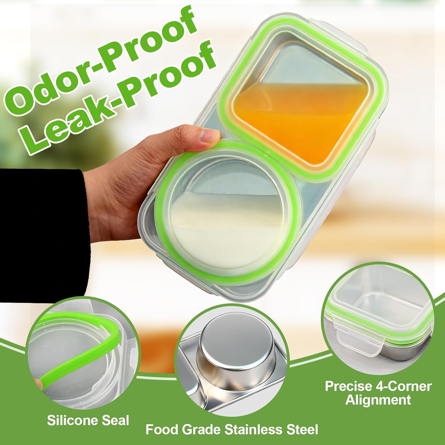 2Pack Stainless Steel Snack Containers with Lids, 13oz 2 Compartment Snackle Box, Leakproof Reusable Bento Box Metal Lunch Container Food Storage for Travel, Picnics, Office (Green) - Image 4