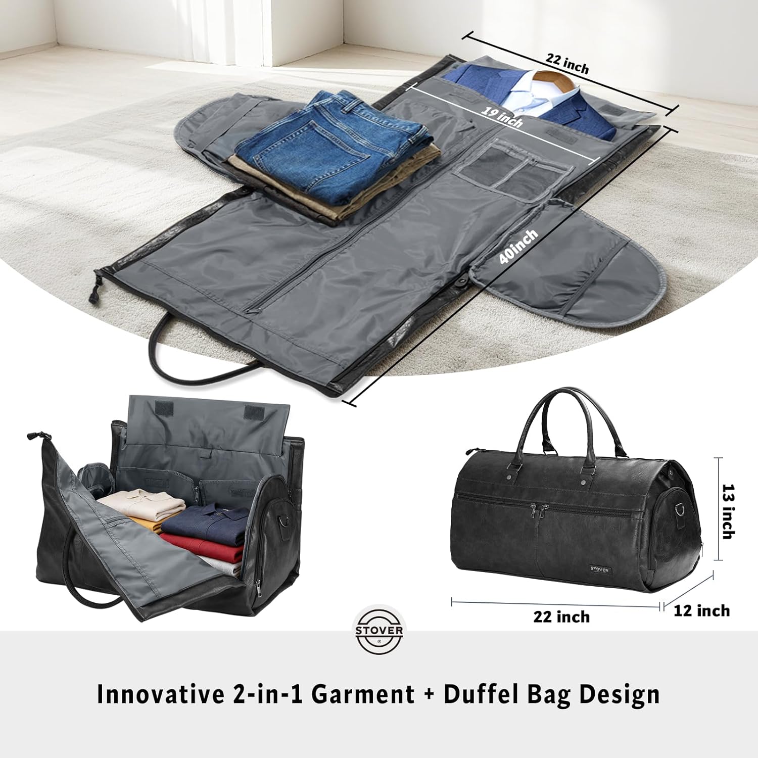 STOVER Garment Travel Duffle Bag, Large 2-in-1 Convertible Carry-on Luggage for Men & Women- Hanging Suits, Dresses & Clothes + Shoe Compartment- Weekender Tote Combo Duffel (Black Leatherette) - Image 2