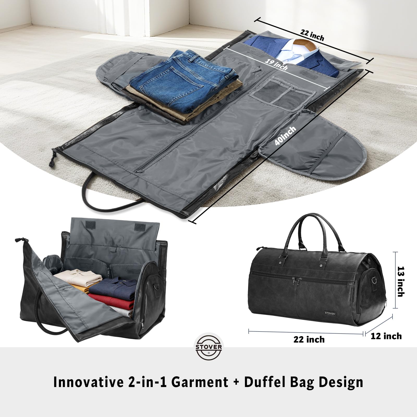 Stover Garment Reisetasche, groß, 2-in-1, wandelbares Handgepäck für Damen und Herren, zum Aufhängen, Kleider, Kleidung und Schuhfach, Wochenend-Tragetasche