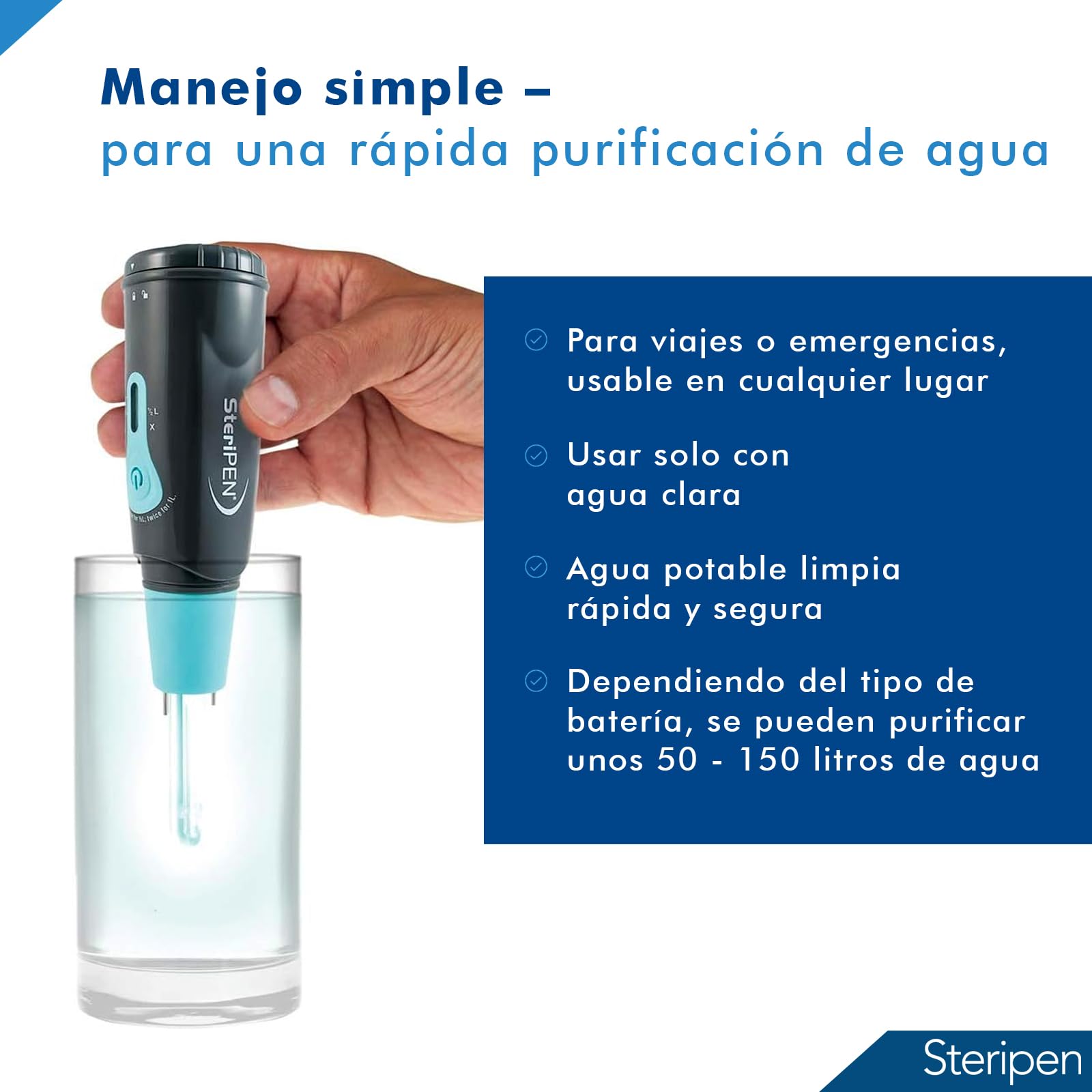 Purificador de agua SteriPen Aqua UV - Ideal para viajes y aventuras al aire libre - Elimina el 99,9% de virus, bacterias y protozoos en 90 segundos, de forma segura y sin productos químicos.