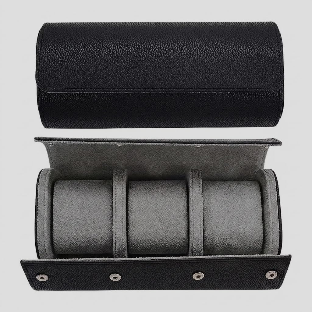 Generico Custodia Elegante Porta Orologi da Viaggio, 3 Slot, Pelle Nera, Interno in Velluto Grigio, Anti Shock e Anti Graffio