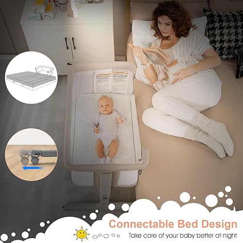 Miniatura 7 de INFANS Cuna de bebé 3 en 1, cuna plegable con colchón, bolsa de viaje, ruedas, malla de 4 lados, fácil de montar, cuna estacionaria, roca (beige)