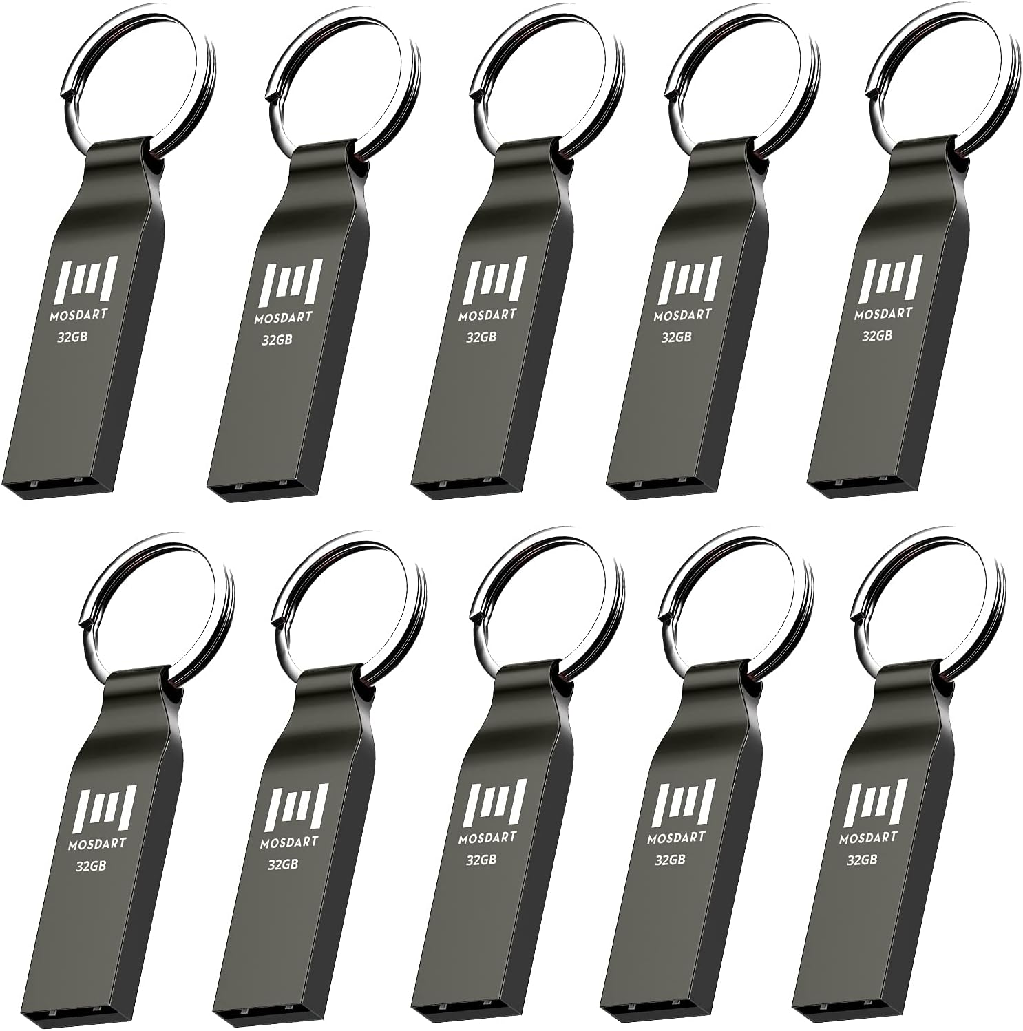MOSDART Waterproof 32GB USB2.0 Flash Drive, FAT32 Metal Memory Stick with Keychain, for System Back, Data Storage, Titan Grary(Pack of 10)