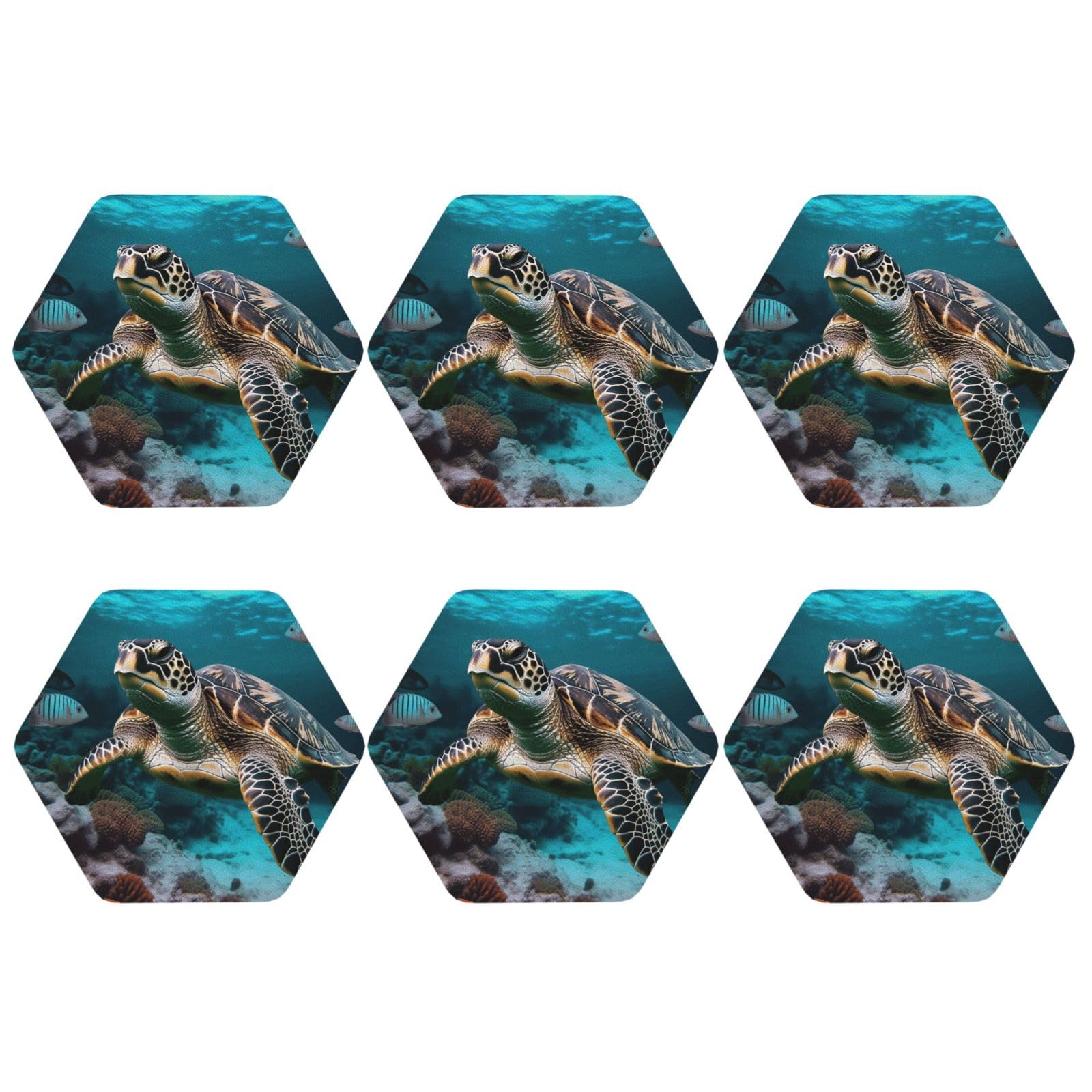 6pcs Leather Coasters for Drinks, Ocean Animal Turtle Drink Coasters for Tabletop Protection, 4" Cup Coasters for Coffee Table Decor, Non-Slip Drinking Cup Mat for Hot Or Cold Drink