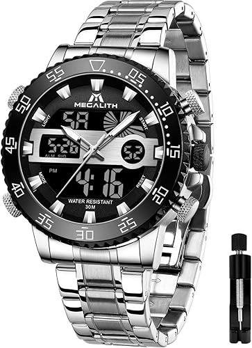 MEGALITH Reloj digital impermeable de acero inoxidable con cara grande LED analógico multifuncional para deportes al aire libre, relojes de pulsera