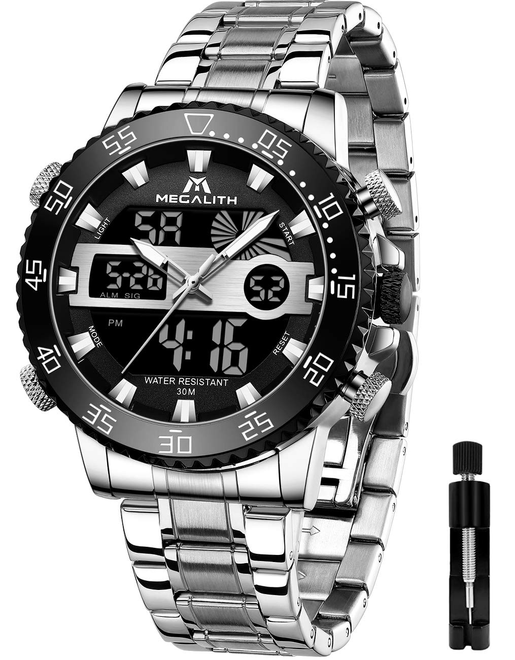 Mens Watch Digital Waterproof Stainless Steel Big Face LED Analog Multifunctional Outdoor Sports Watch, Men's Wrist Watches with Dual Time Backlight Display Alarm Stopwatch