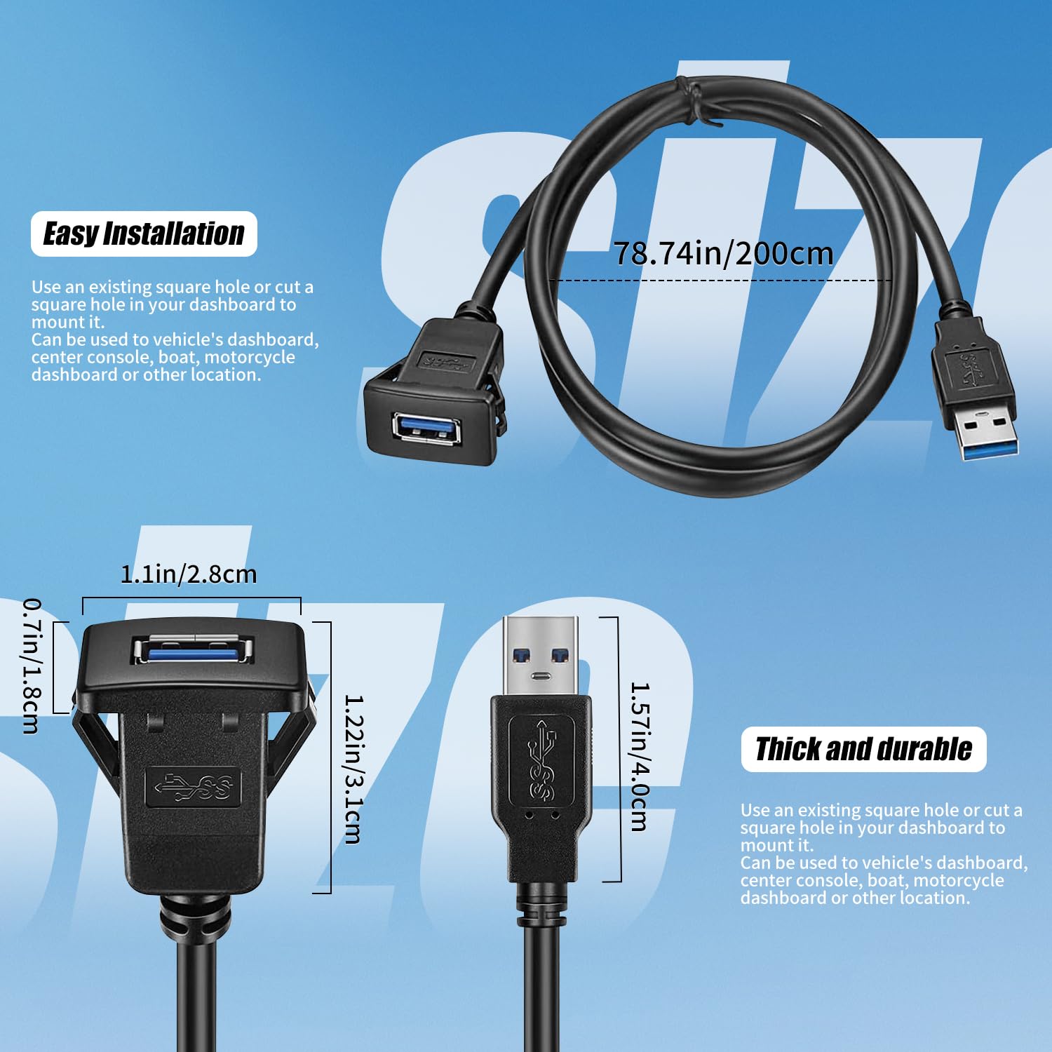 USB 3.0 Flush Mount Extention Cable W/ Buckle (Square) For Dashboard Panel 3FT - View #4