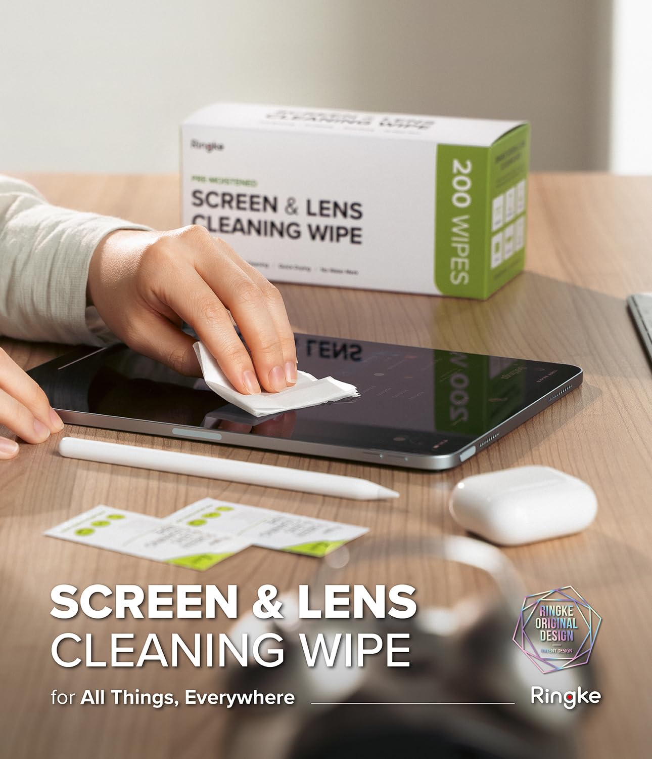 Ringke Lingettes Nettoyantes [200 pcs] – Lingettes Pré-Humidifiées Antibactériennes pour Smartphones, Appareils Photo, Lunettes et Écrans d’Ordinateurs, Emballées Individuellement