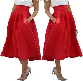 Women Stretch High Waist Skater Flared Pleated Swing Long Skirt Dress