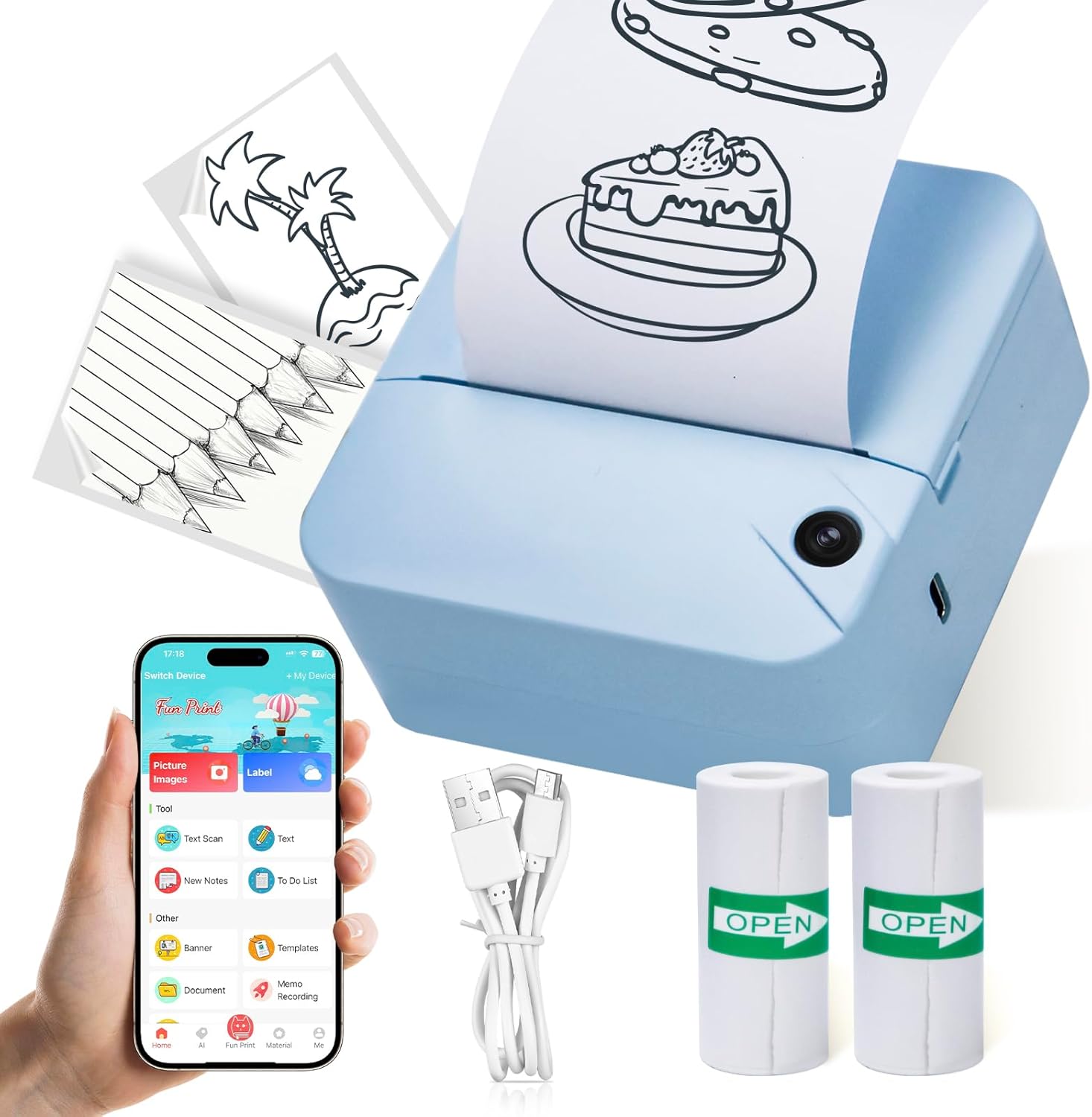 Portable Mini Thermal Printer, Pocket Sticker Maker for Kids Cute Bluetooth Phone Printer with 2 Rolls Paper for Study Graphics, Notes, Fun, DIY, Compatible with Phone or Tablet