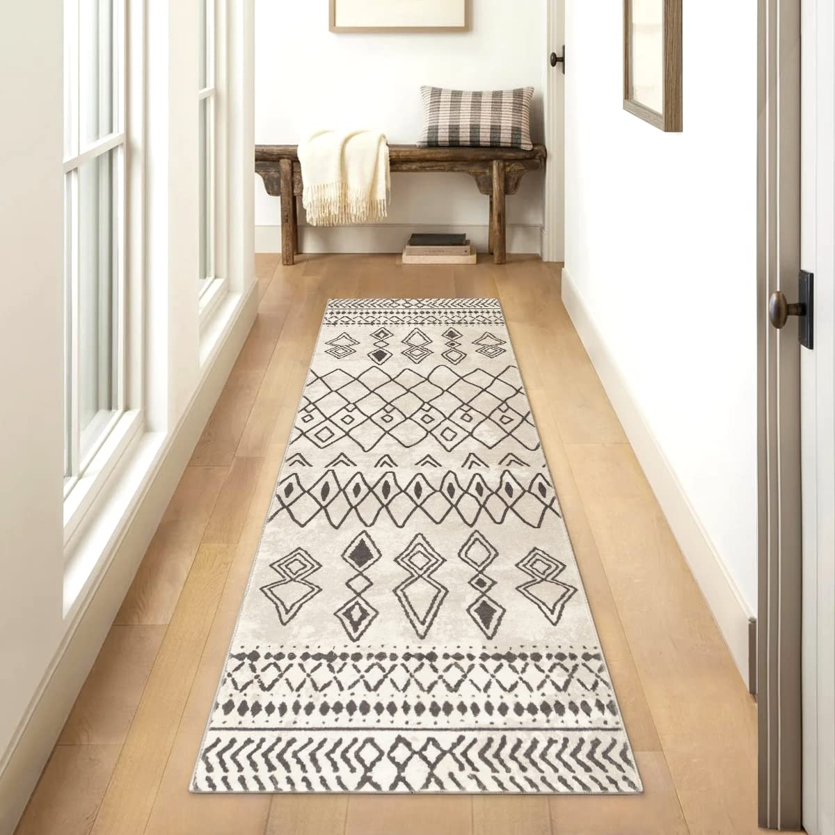 Carvapet Bieżnik do przedpokoju, 60x210 cm, antypoślizgowy, długi dywanik kuchenny, do prania, miękki mikrofibrowy, geometryczny, chodnik (beżowy)