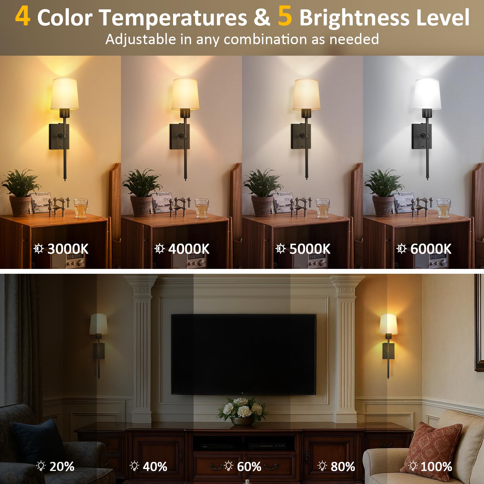 Toowell LED Wandleuchte Innen Akku | Kabellose Wandleuchter für den Innenbereich, ohne Kabel, für Flur, Wohnzimmer, Schlafzimmer, 2 Stück