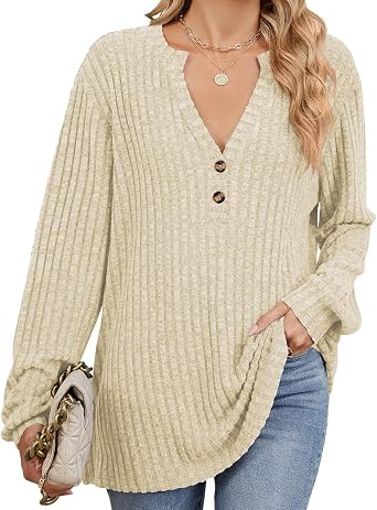 Ladies Long Sleeve Shirts V Neck Basic Tees Rib-Knit Button Henley Tops