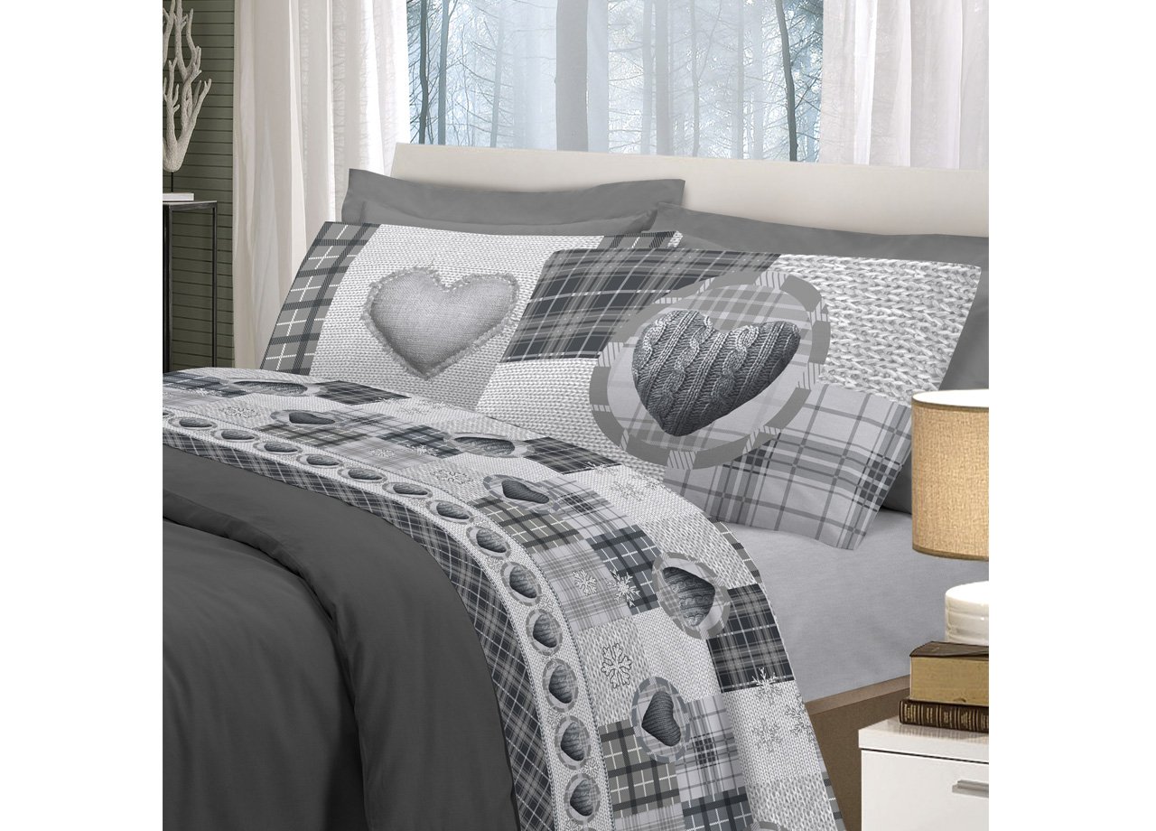BIANCHERIAWEB Completo Lenzuola Linea Pensieri Delicati in 100% Cotone Disegno Love Mountain Matrimoniale Grigio