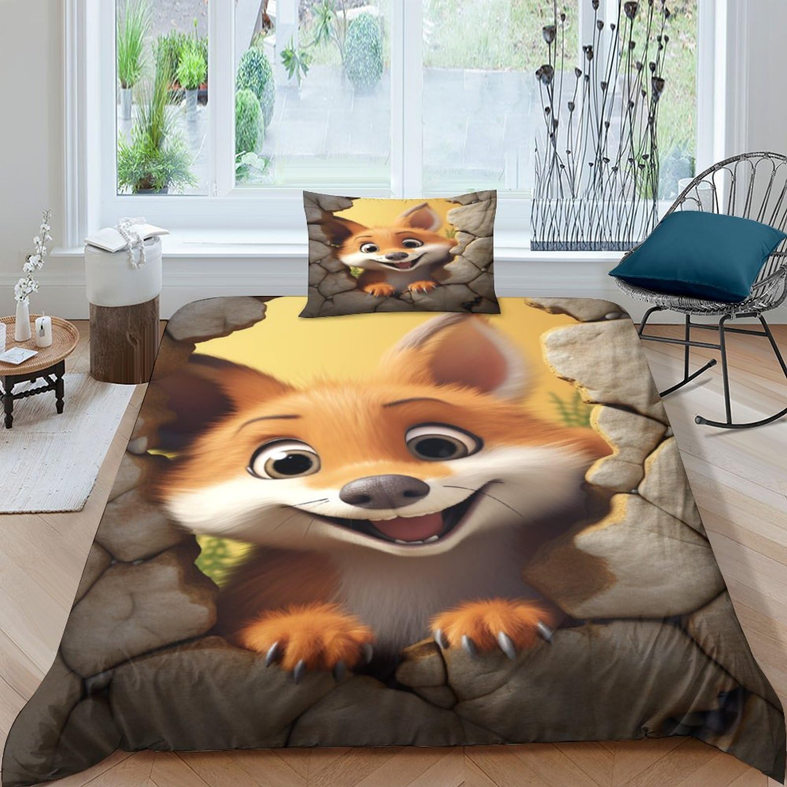 Housse de couette 3D renard parure de lit enfant 3 pièces en microfibre 135x200cm