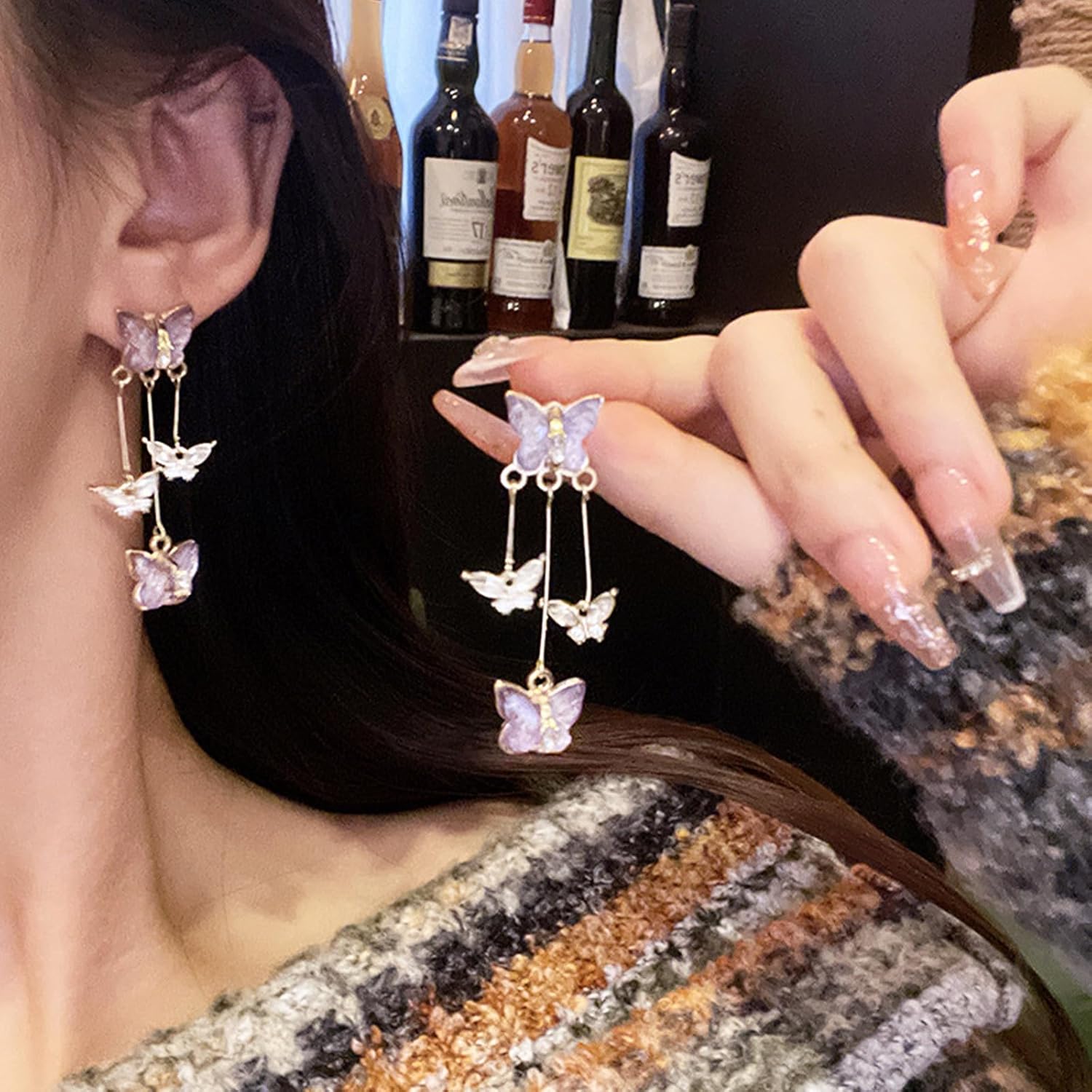 Purple Butterfly Tassel Earrings for Women Rhinestone Butterfly Earrings Long Butterfly Dangle Earrings Crystal Rhinestone Drop Earrings - Image 5