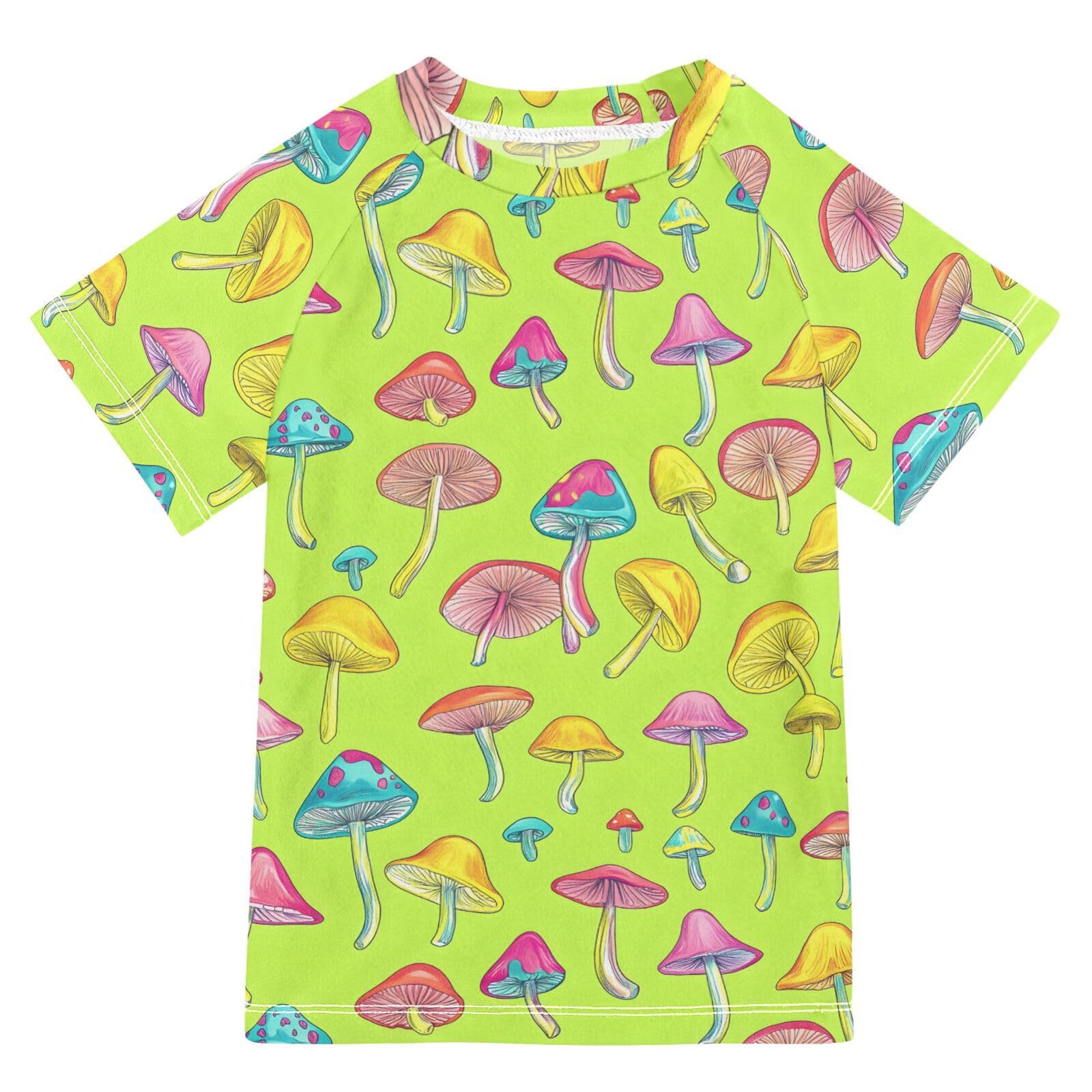 ALAZA Kids Rash Guard Boys Toddler Swim Shirts Short Sleeve Mushrooms Green UPF 50+ 3T