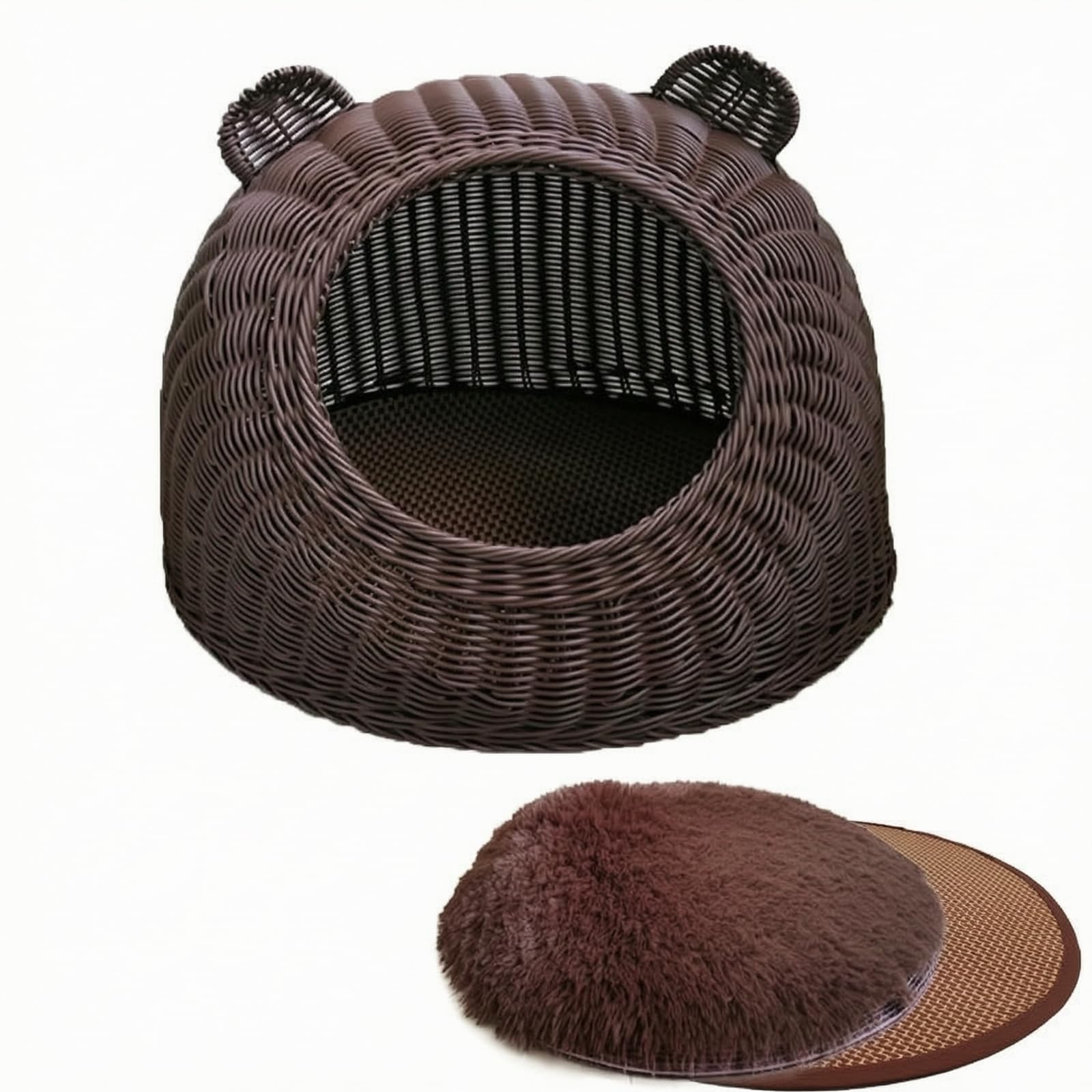 Handgeflochtenes Tierbett mit Ohren-Details Natürlich Rundes Haustierbett mit Kissen Gemütlich Katzenkorb Kissen für Katzenbesitzer, M