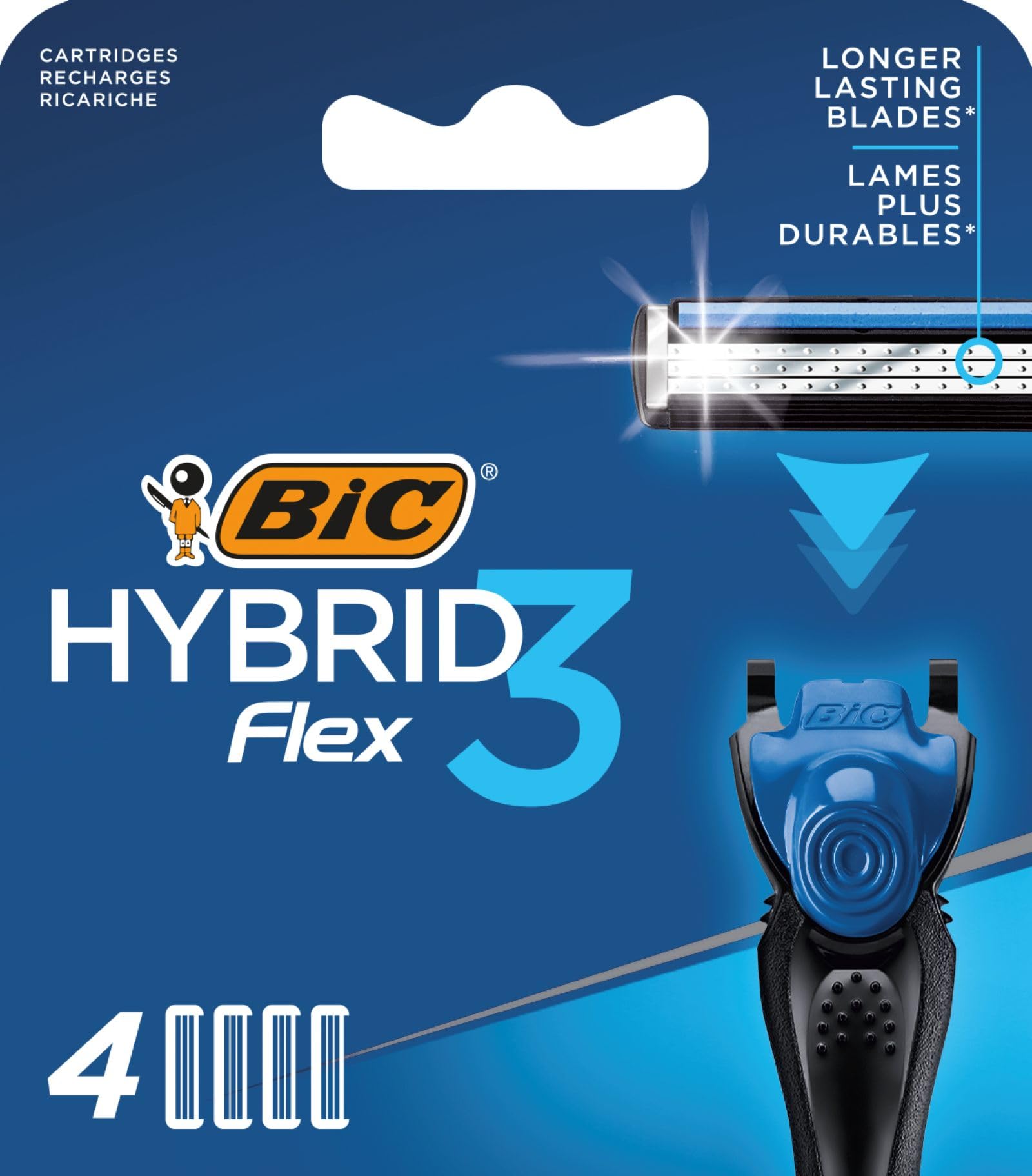 BIC Hybrid 3 Flex Men's Razor Refills with 3 Nano-Tech Titanium Moveable Blades - Box of 4 Cartridges