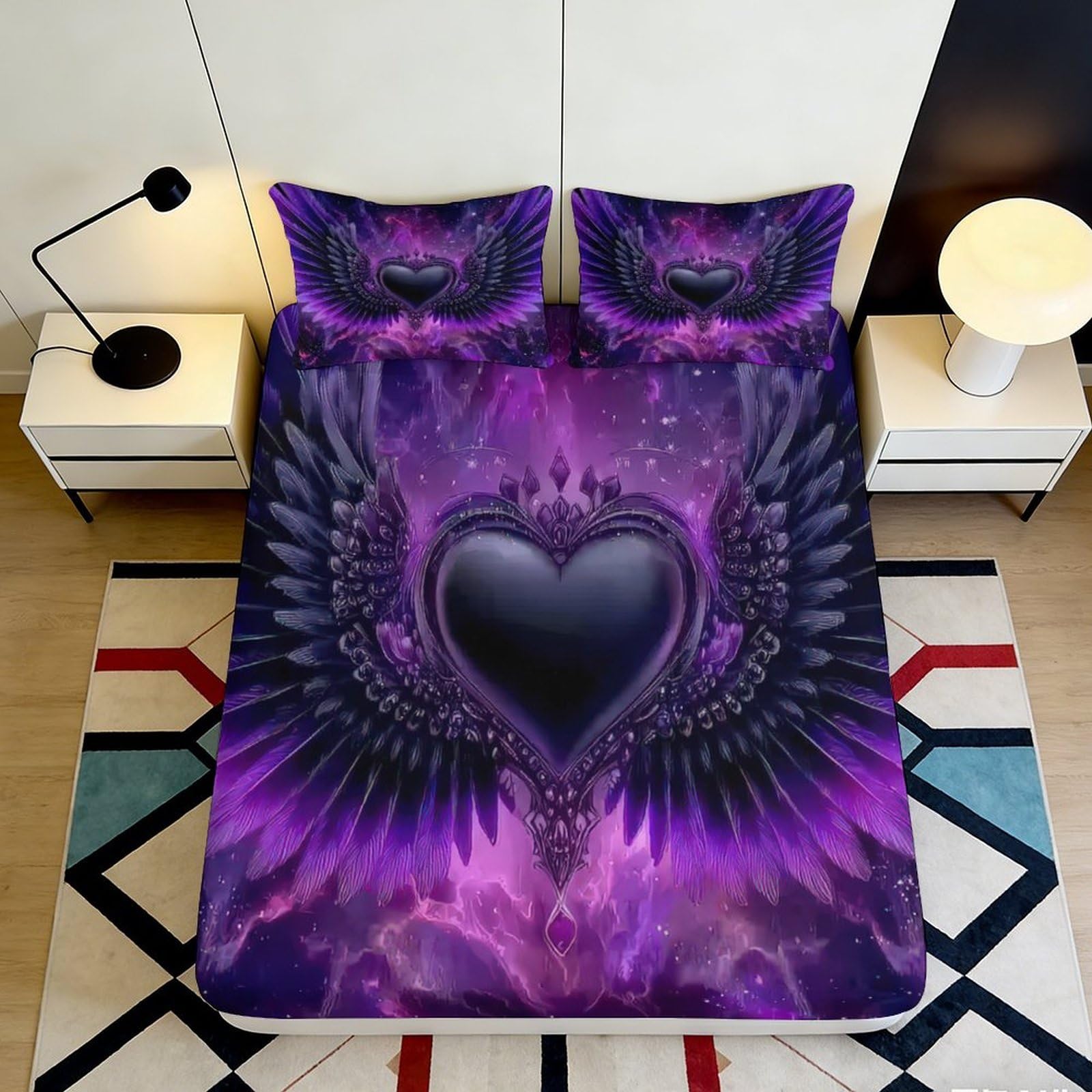 3D Printed Purple Heart Wings Fitted Sheet Microfiber Bedroom Decor Gothic Art Mattress Cover for Home Dorm 90x200x25cm