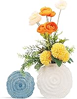 Eylias Coastal Seashell Vase Set of 2 - Blue White Ribbed Ceramic Flower Vases, Modern Beach Centerpiece for Shelves & Tables